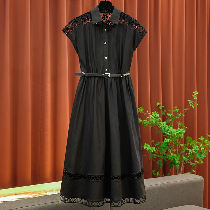 

High-quality Embroidered Lace Dress Lapel Hollowed Waisted Black Mid-length Dress Temperament Office Ladies Slim Formal Clothing