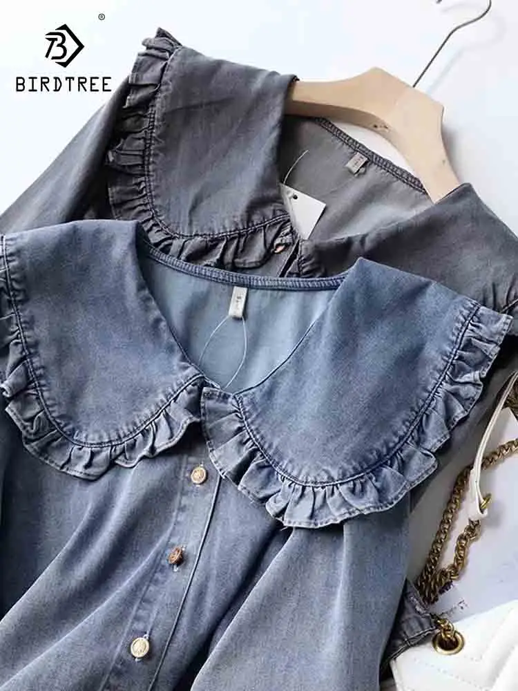 

New Autumn Cotton Denim Retro Shirts Women Peter Pan Collar Tops Girl Long Sleeve Loose Blouses Age Reduction Spring T39276QC