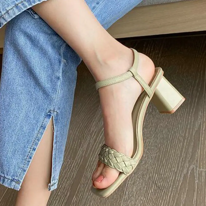 2023 New Summer Women Sandals Square Toed High Heels Open Toe Women Shoes Solid Soft Comfort Buckle Female Zapatillas De Mujer