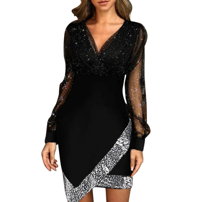 

Женское Сетчатое мини-платье с принтом, Элегантное повседневное модное платье с V-образным вырезом и длинным рукавом, офисное праздвечерние...