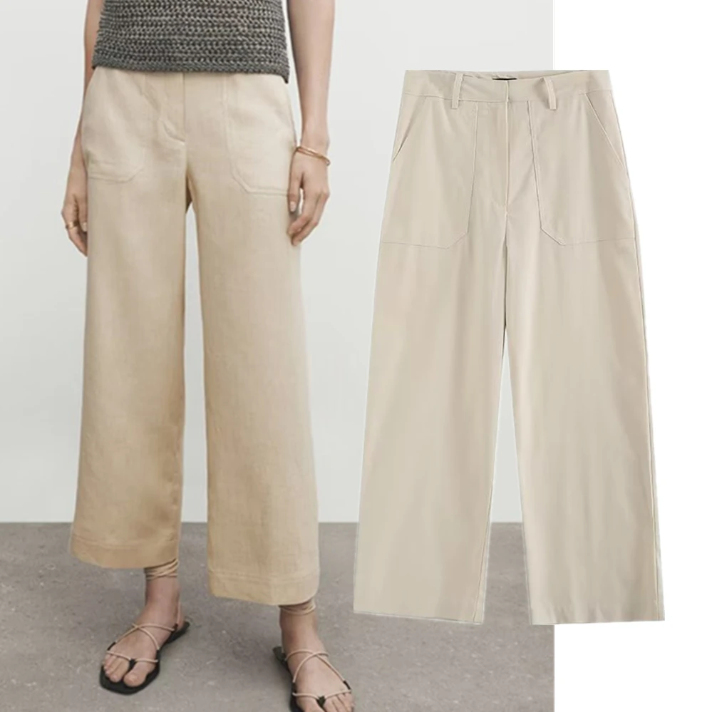 Jenny&Dave Retro Pockets Linen Trousers Loose Casual Pants Women High Waist Japanese Fashion Simple Ladies Casual Pants