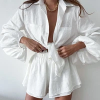 summer sets womens outfit cotton and linen sexy shorts set lantern sleeve white shirt shorts sets beachwear womens 2 piece set