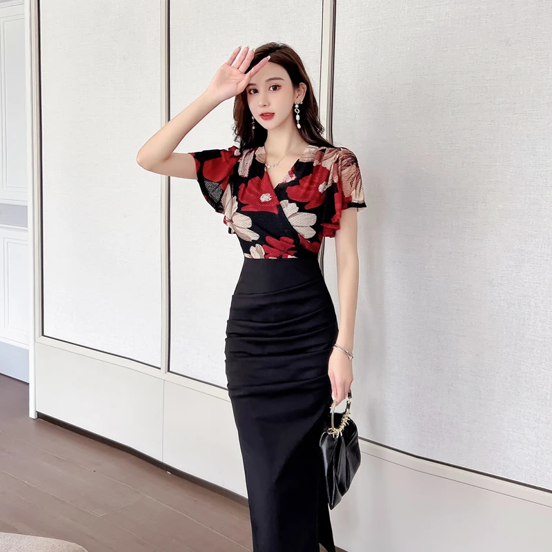 Buttock Wrapped Female Clothing Elegant Woman Dresses for Women 2022 Summer Dress Printed V-neck Traf Women's Bodycon Chic Sexy