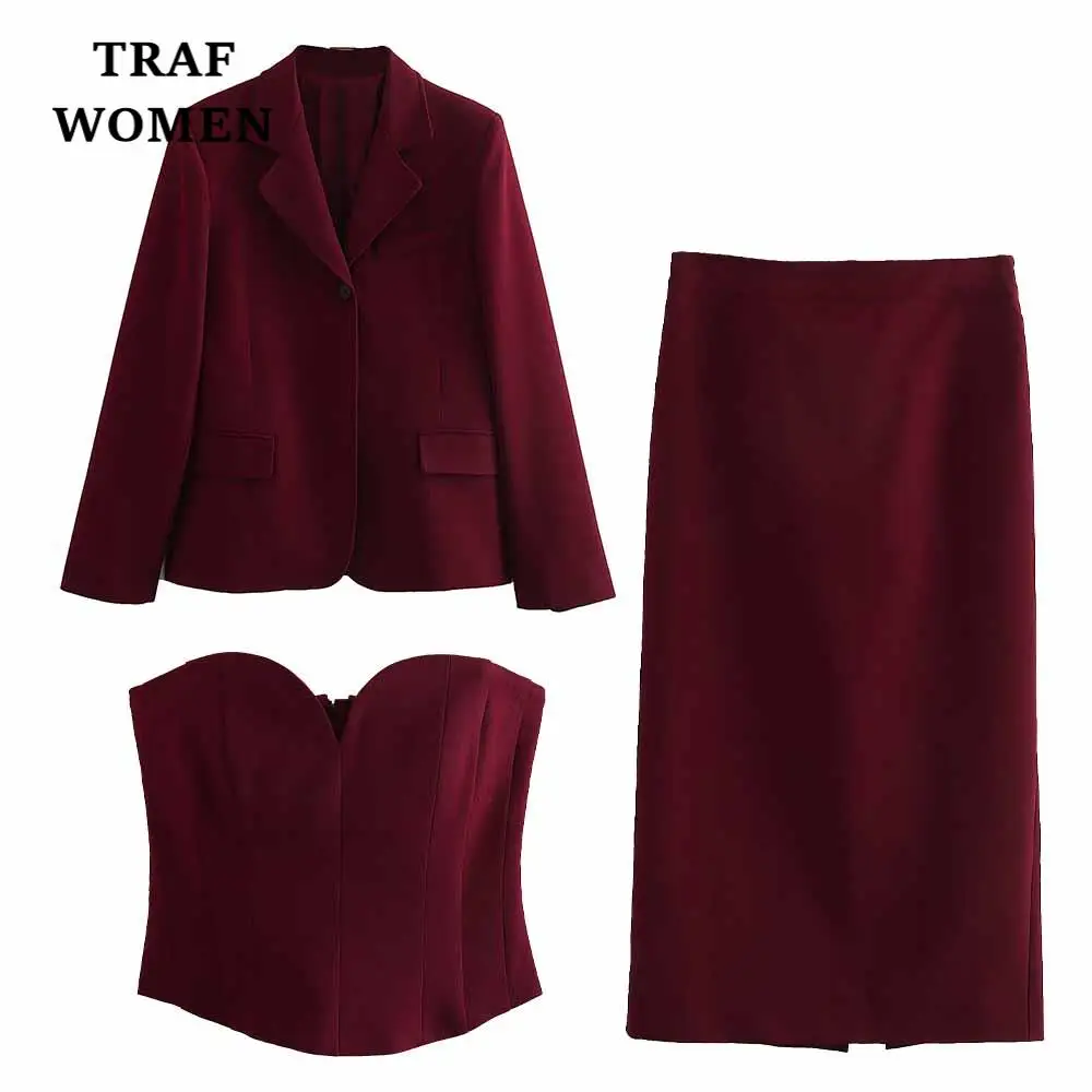 

TRAF WOMEN 2023 New 3-Piece Button Trim Slim Blazer 2479707 + Heart Neck Bodysuit 2439707 + Female Straight Flute Skirt 2369707
