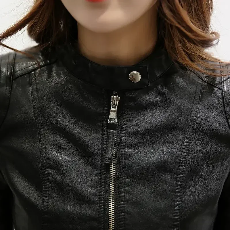 Весенняя куртка из искусственной кожи с длинными рукавами женская короткая