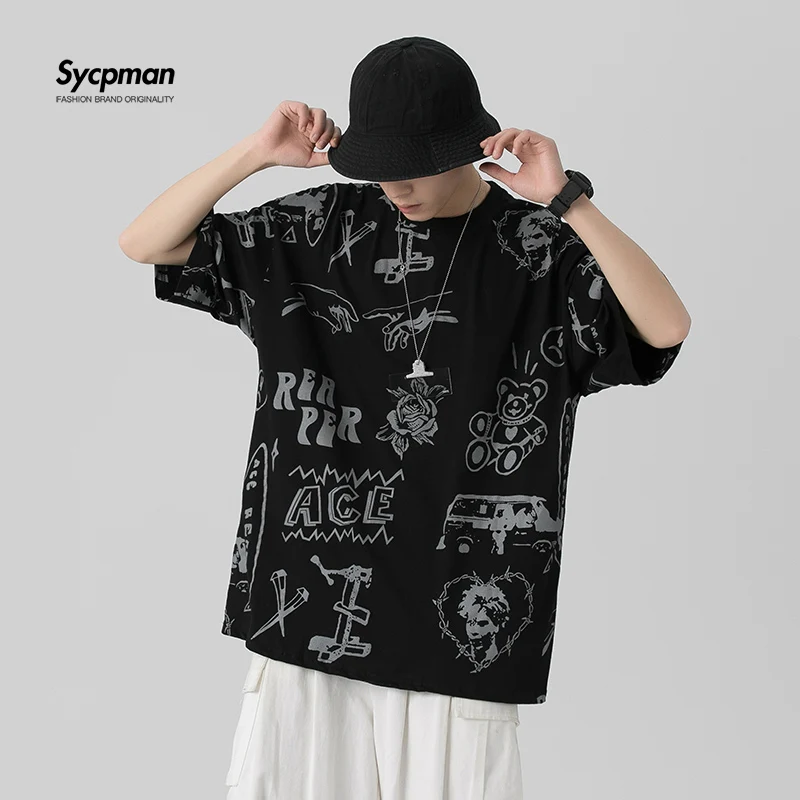 

Spring and Summer Letters Cartoon Printing Street Loose Round Neck Joker Short Sleeve Men's T Shirt