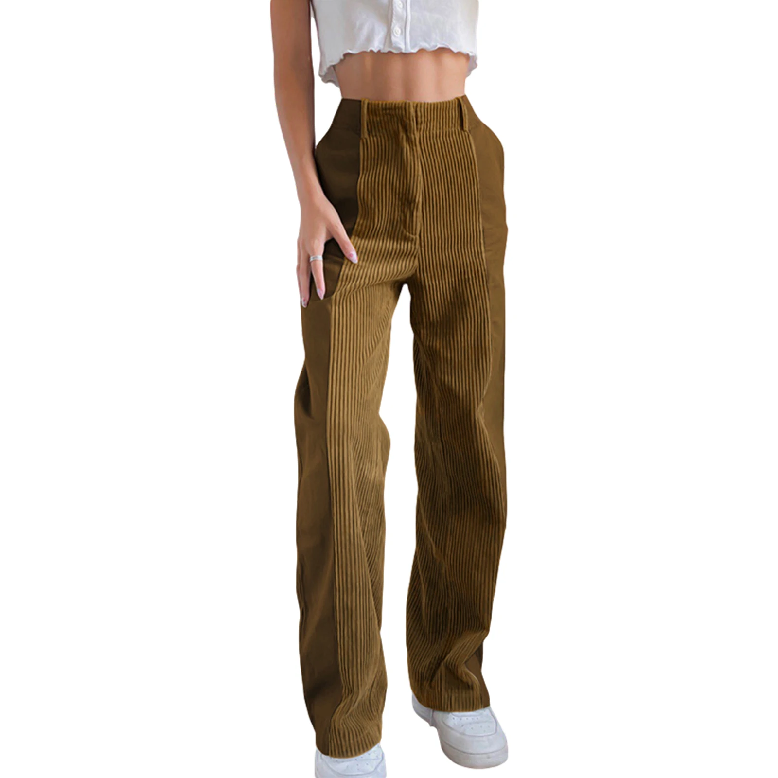 

Women Corduroy Pants Vintage Straight Leg Patchwork Trousers Casual Autumn Spring Brown Green Long Pants