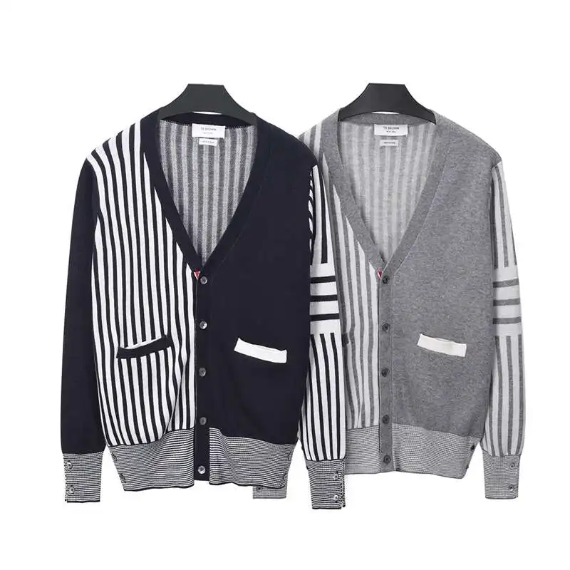 2022 NEW Thom Men's Cardigan Sweater V Neck Autumn Color Matching Four-bar Wool Stripes Korean Casual Knitted Bottoming Coat