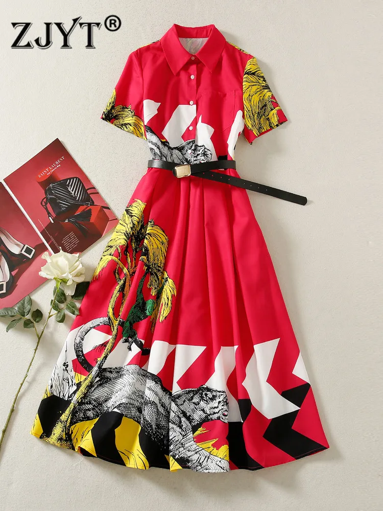 

ZJYT Summer Vintage Print Midi Shirt Dress Women 2022 Runway Designer Short Sleeve Casual Aline Vestidos Holiday Robes with Belt