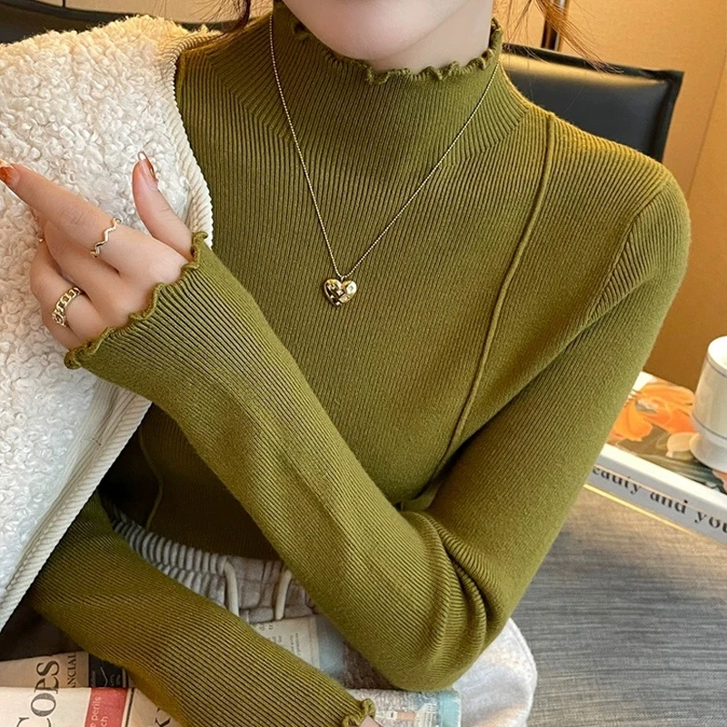 

Fashion Bottoming Tops Women Autumn Winter Casual Edible Fungus Half High Collar Sweater Solid Long Sleeve Pullovers Top 29138