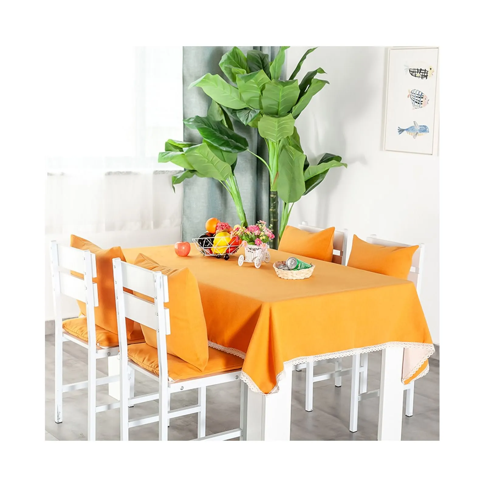 

Cotton Linen Tablecloths, Waterproof Table Covers Solid Color With Lace Orange Dining Table Coffee Table Deco