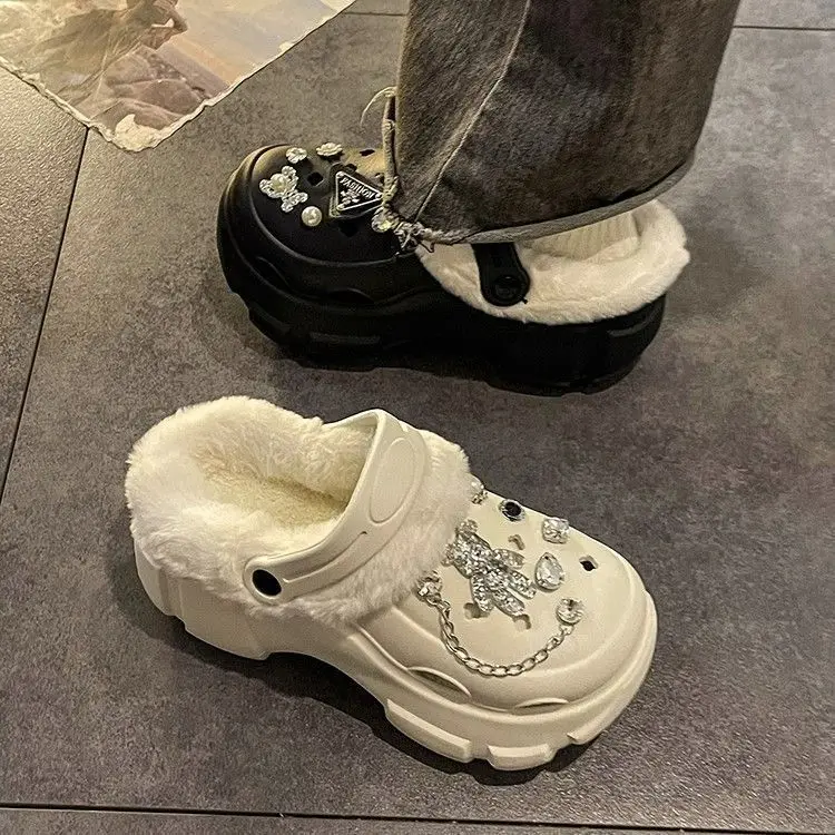 Winter Womens Classic Fur Lined Platform Clogs Slip On Sandals with Charms Slide Garden Shoes Lady Wedge Mules