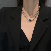 unisex men female square stone pendant women christmas choker chunky generous simple double layers temperament fashion necklace