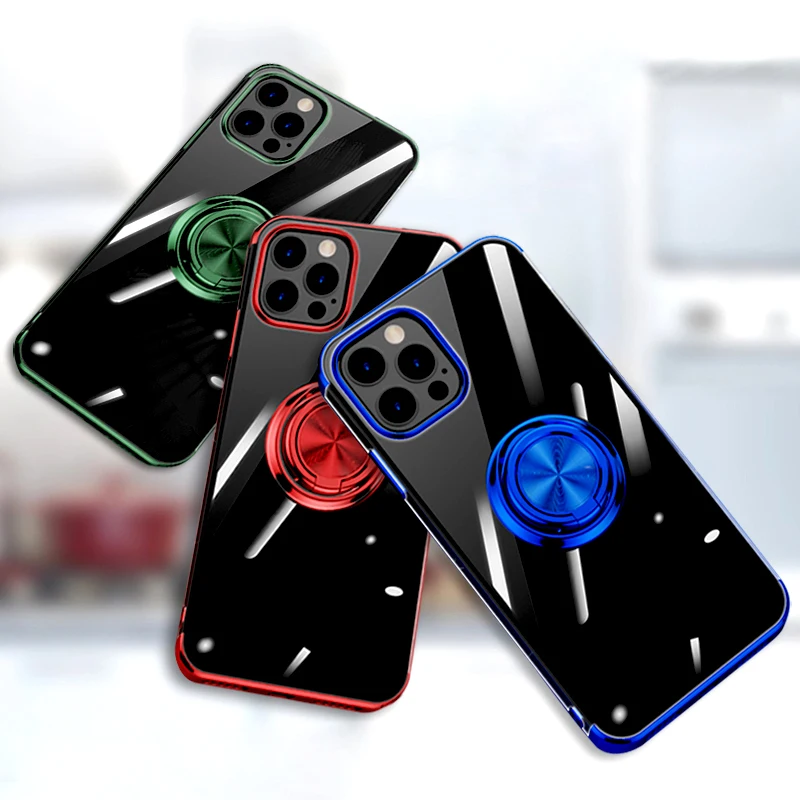Plating Transparent Magnetic Case For iPhone 14 13 12 11 Pro Max XS XR X 7 8 Plus Shell Silicone Cover With Ring Holder Stand