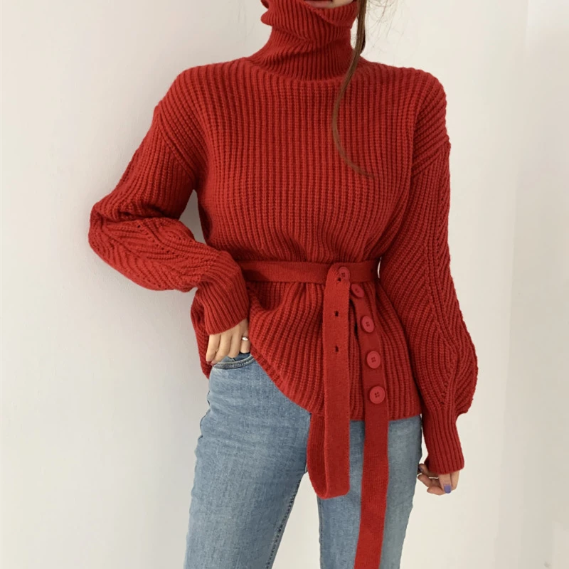 Женская винтажная одежда красный вязаный свитер с высоким воротником и длинными