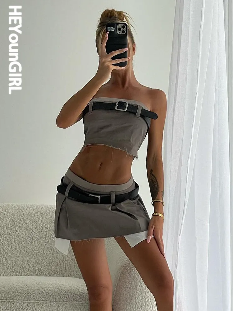 

HEYounGIRL Patchwork Fashion Cropped Tank Top and Mini Skirt With Belt Party Outfits High Street Two Piece Set Casual Skirt Suit