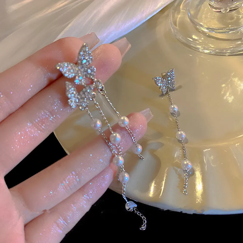 

New Rhinestone Butterfly Pearl Tassel Earrings for Women Fashion Personality Summer Accessories Prom Jewelry Anniversary Gifts