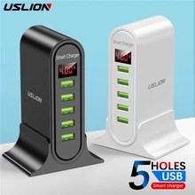 USLION-Cargador USB de 5 puertos para Xiaomi, estación de carga multi-USB para pantalla LED, teléfono universal, pared de escritorio, enchufe para la UE, EE. UU., Reino Unido