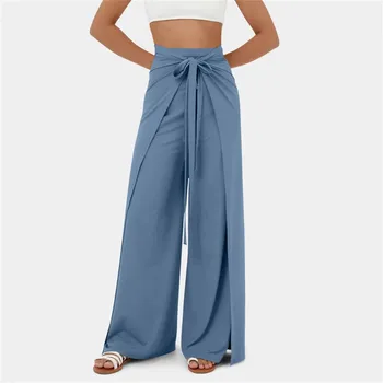 High-Waist Belt Slit Versatile Quick-Drying Pants Side Slit Summer Casual Wide-Leg Pants Breathable Skincare Baggy Pants Woman 2