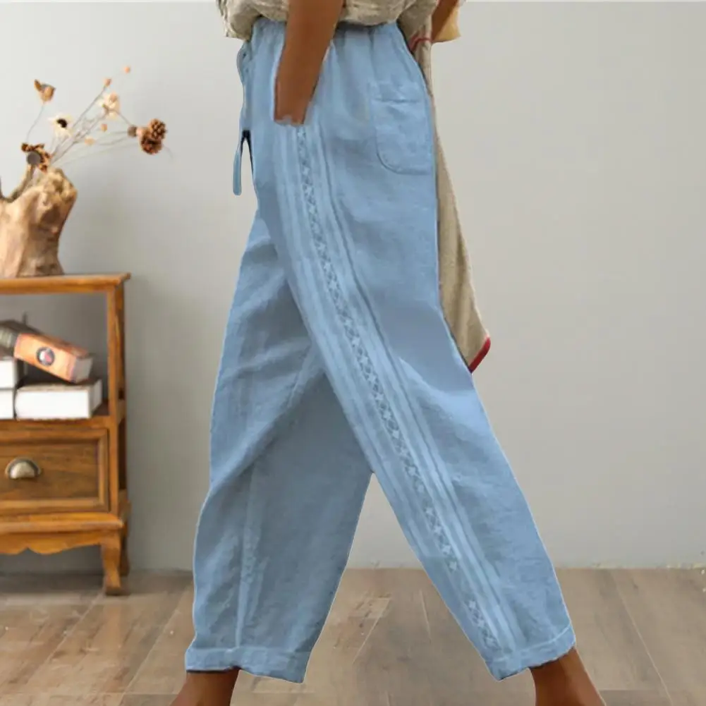 

Women Pants Elastic Waist Lace Stitching Comfortable Minimalistic Trendy Everyday Wear Cotton Hemp Drawstring Design Long Pants