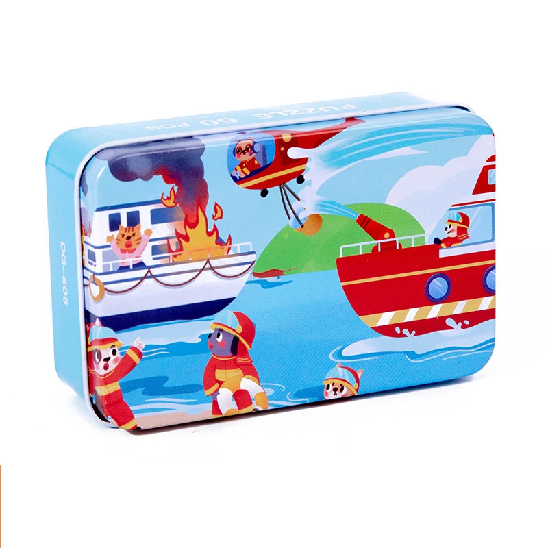 

60 Pieces Kids Cartoon Animation Wooden Jigsaw Puzzles Boys Girls Early Education Rescue At Sea Toddler Toys with Iron Box