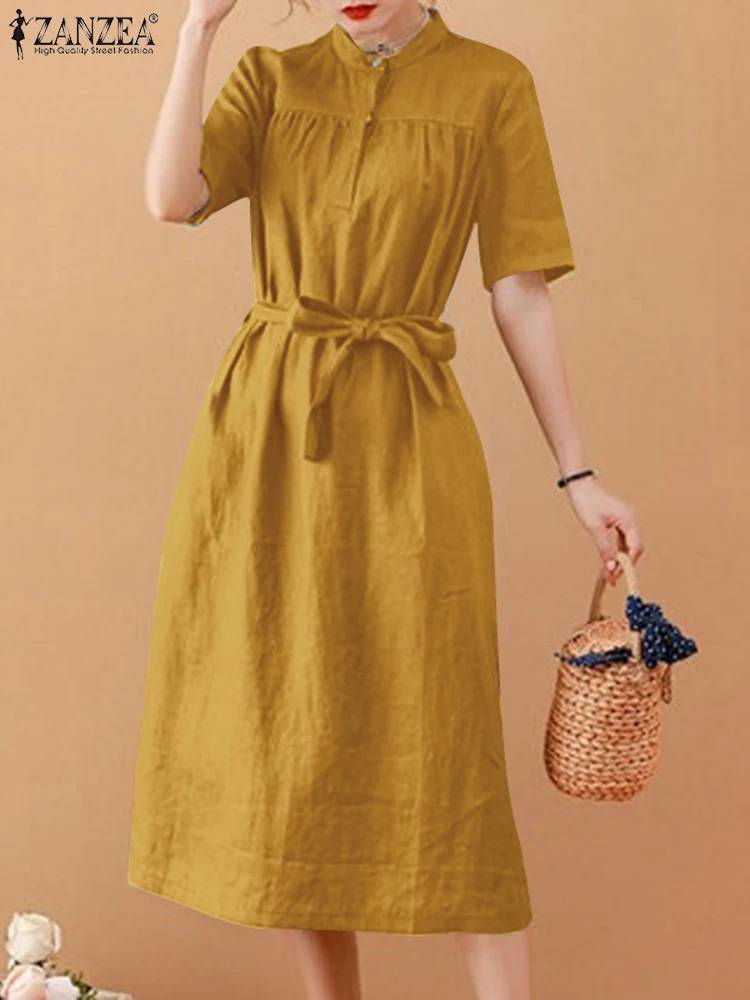 

2022 ZANZEA Summer Elegant Short Sleeve Solid Shirt Sundress Casual Loose Mid-calf Dress Women Work Party Belted Vestidos Kaftan