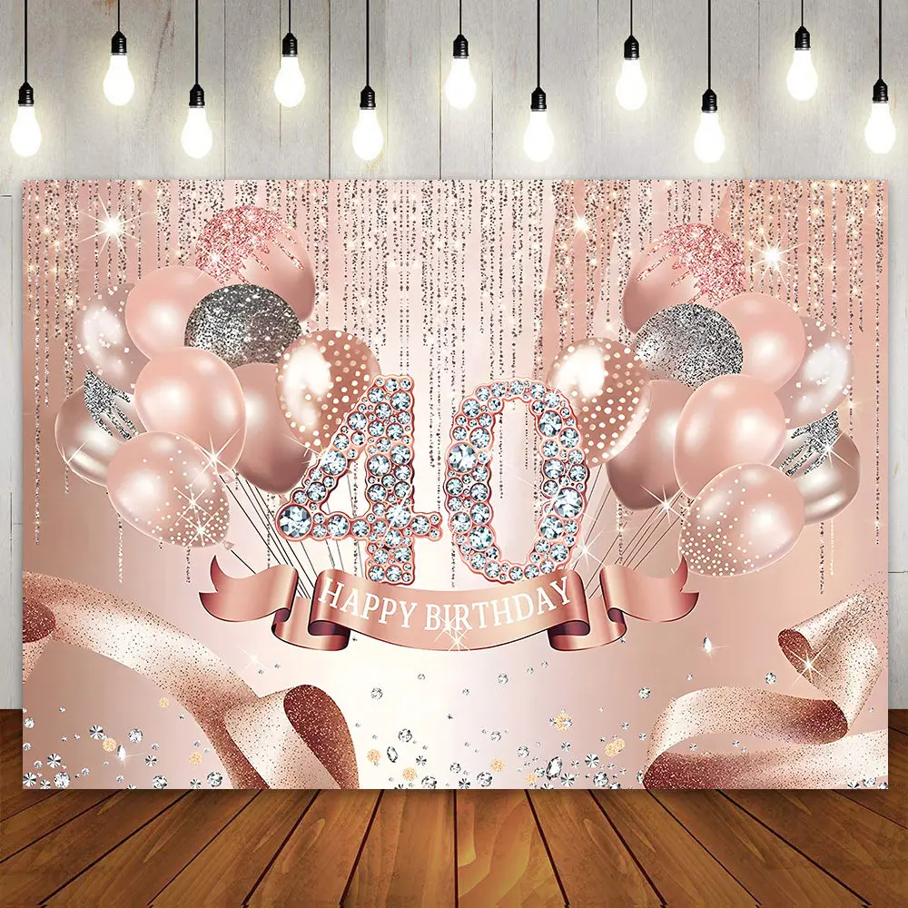 

Happy 40th Birthday Backdrop for Women Pink Rose Gold Glitter Photo Booth Party Decoration Banner Poster Photography Background
