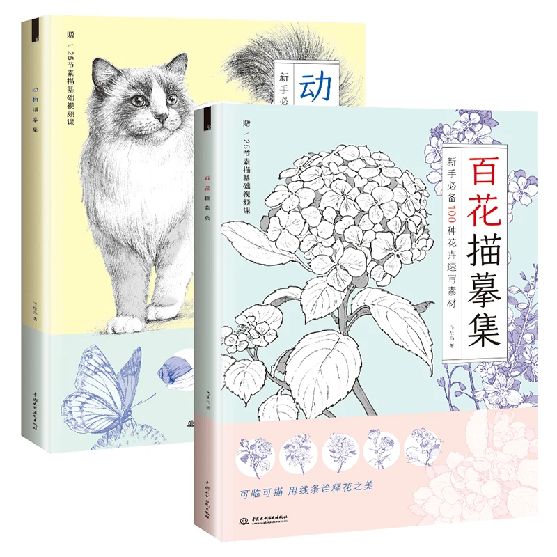 

2 Books/Set 100 Kinds Of Animals and Flowers Sketch Line Drawing Copy Album Zero Basic Sketch Pencil Art Drawing Book