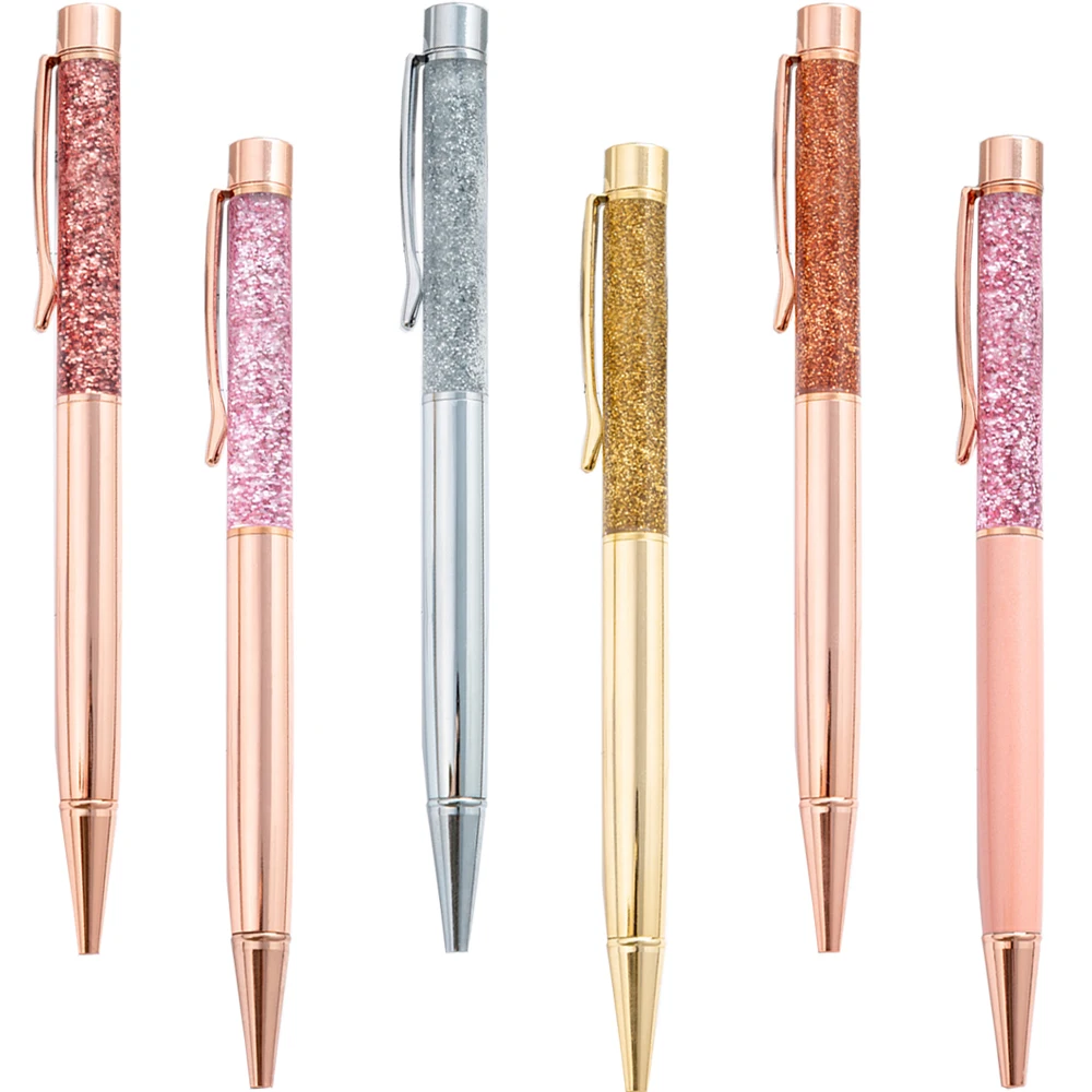 

100Pcs/Lot Luxury Metal Bling Dynamic Liquid Sand Ballpoint Pens For Girls Wedding Birthday Gift Rose Gold