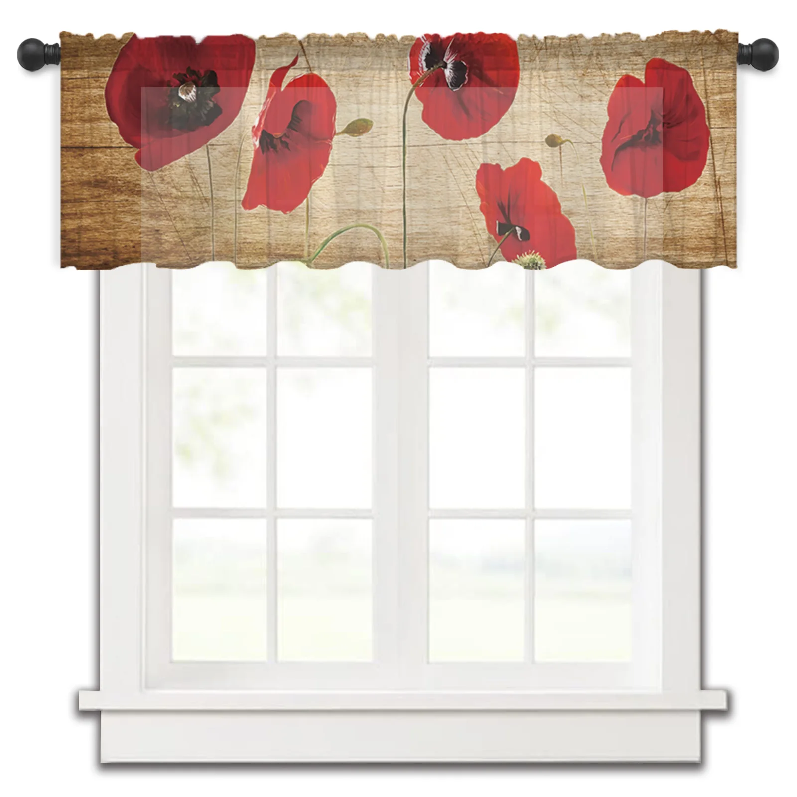 

Poppy Flower Retro Wood Texture Kitchen Small Curtain Tulle Sheer Short Curtain Bedroom Living Room Home Decor Voile Drapes