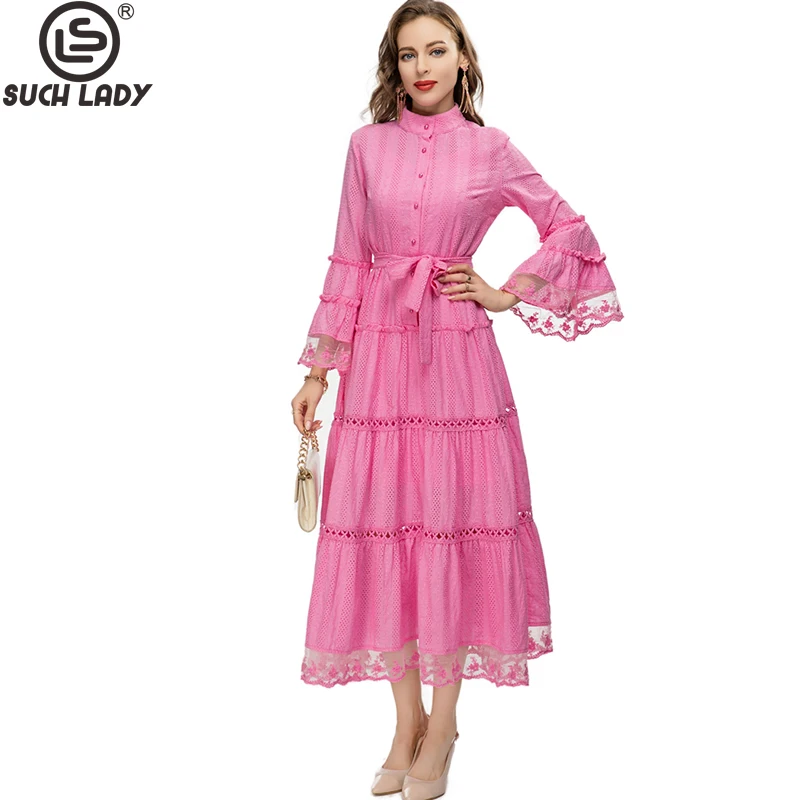 Women's Runway Dresses Stand Collar Long Flare Sleeves Embroidery Lace Tiered Lace Up Waist Elegant Fashion Prom Gown