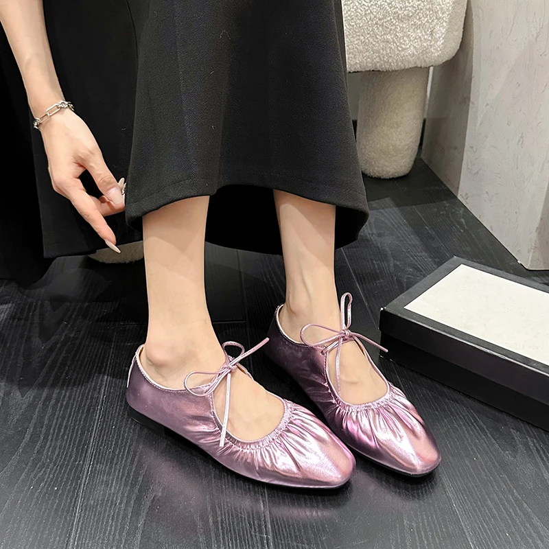 Женские туфли на плоской подошве простые без шнуровки из овчины натуральной кожи