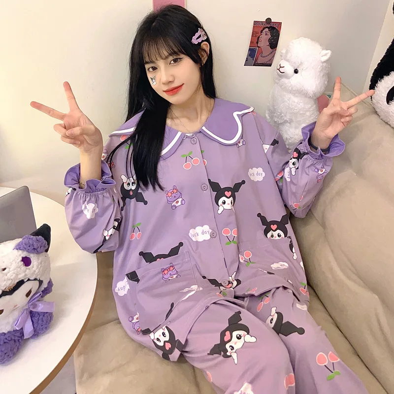 

Новинка Kawaii Sanrio Kuromi почтовые пижамы Домашняя одежда с длинным рукавом комплект лепестковый Воротник Мультфильм милая девочка подарок на день рождения для девушки