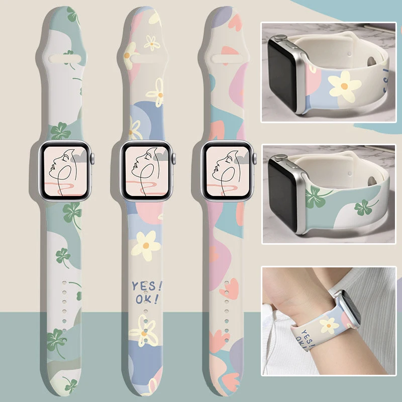 

Women Silicone Belt Printed Strap for Apple Watch Band 44mm 40mm 38MM 42MM Printed Bracelet IWatch Serie 7 6 SE 5 4 3 41mm 45mm