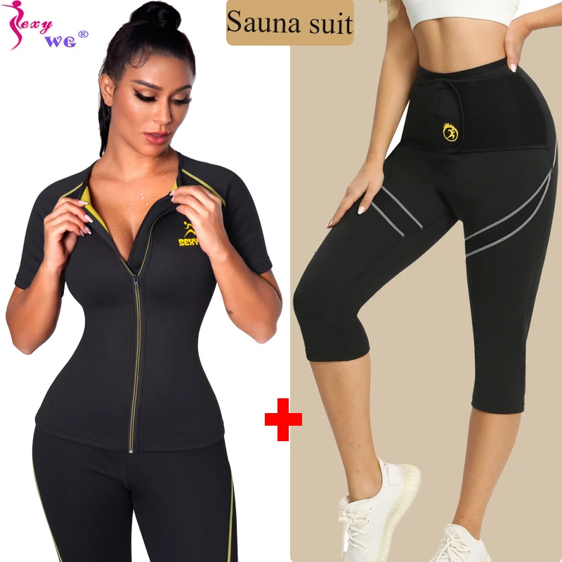 

SEXYWG Women Waist Trainer Shapewear Set Sauna Suit for Weight Loss Neoprene High Waist Sauna Pants Fat Burning Sauna Top