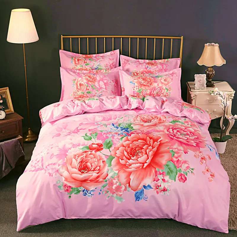 

4pcs Bedsheets Set with Pillows Case Linens 2 Bedrooms Pink Flowers Double Sheets Bedding Duvet Cover Twin Size King 2 Seater