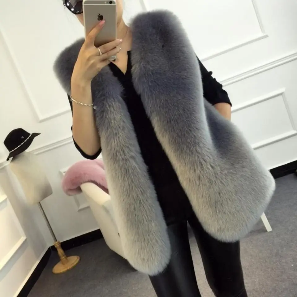 

2022 Women's Autumn Winter New Long Faux Fur Vest Coats Female Imitation Fox Fur Waistcoat Ladies V-neck Sleeveless Jackets O294