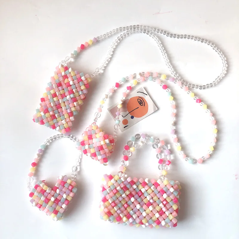 

2023 Summer New Square Beading Candy Color Homemade Handmade Woven Bag Handheld Crossbody Small Handbag Beaded Gift Girl Women