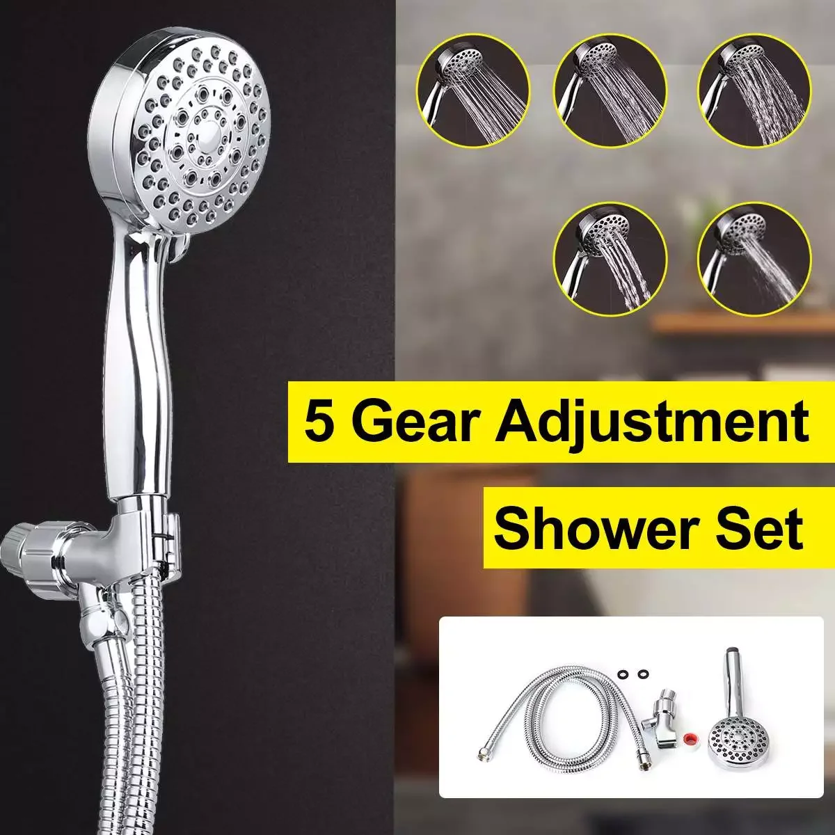 

5 Gear Adjustment Shower Head Home Bathroom Rain Shower Durable Round Shower Head With Adjustable Brass Jiont 1.5m Hose