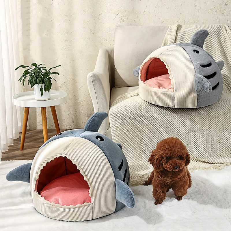 

Dog Kennel Winter New Net Celebrity Warm And Comfortable Shading Semi-enclosed Shark Cat Dog Bed Pet Supplies Striped Cat House