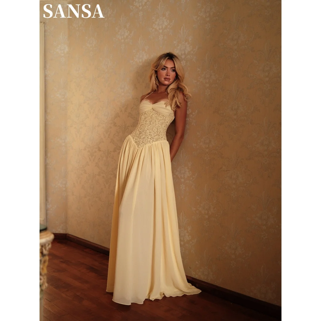 Фото Индивидуальное платье Sansa: бледно-желтое, с кружевным корсетом-халтер и перекрученным лифом, макси-платье с пышной шифоновой юбкой, для торжественных мероприятий, свадеб и вечерних выходов, 2026 №2