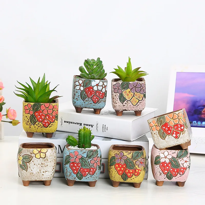 

Cute Flower Succulent Ceramic Flowerpot Creative Hand-painted Flowerpot Stoneware Breathable Desktop Color Square Succulent Pot