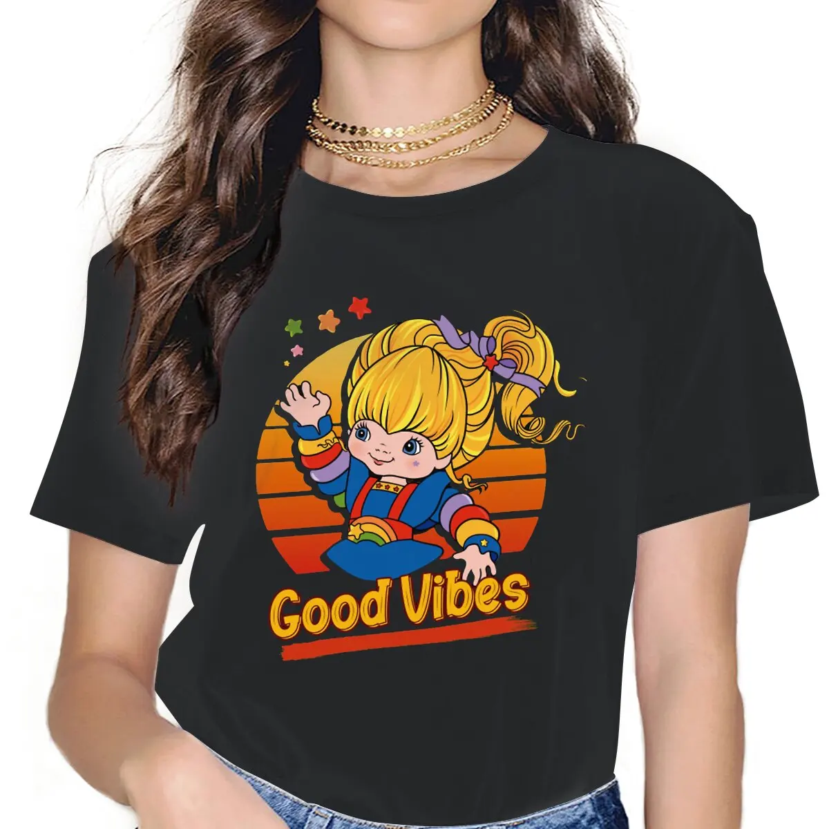 

Good Vibes Women's T Shirt Rainbow Brite Anime Animation Novelty Tee Shirt Short Sleeve O Neck T-Shirts 100% Cotton 4XL 5XL