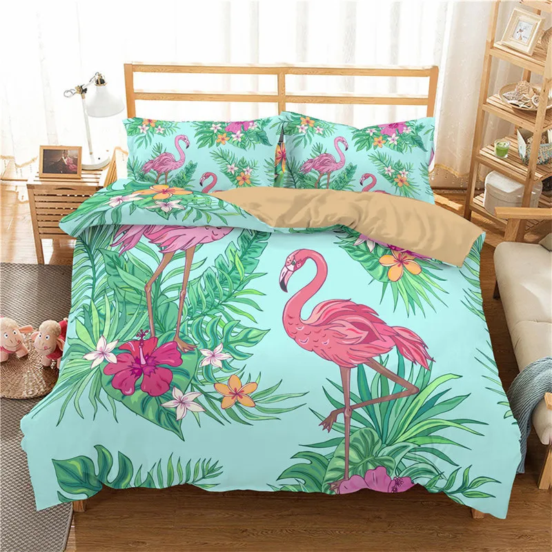 

Bedding Set King Queen For Boy Girl Room Decor Flamingo Duvet Cover Microfiber Quilt Cover Soft Tropical Botanical Leaves Print