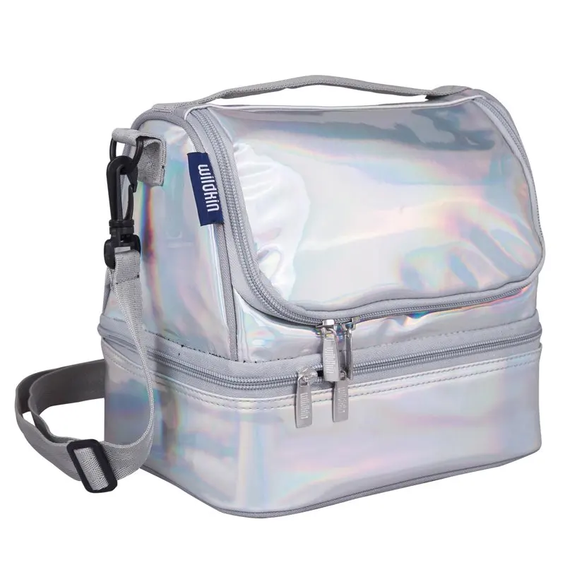 

Kids Two Compartment Insulated Reusable Lunch Bag for Boys & Girls, Includes Shoulder Strap (Holographic Silver)