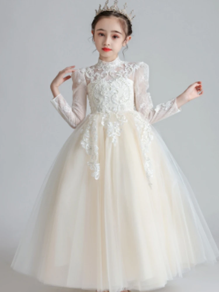 White Princess Evening Dress Long Sleeve New Puffy Yarn Flower Girl Wedding Dress Children'S Host Piano Performance Dress