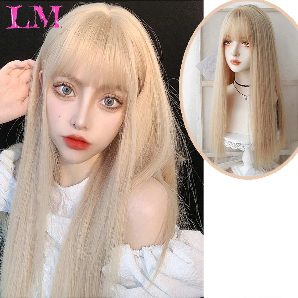 

LM Long Natural Wavy Platinum Blonde Wigs With Bangs Cosplay Party Lolita Synthetic Wigs for Women Heat Resistant Fiber