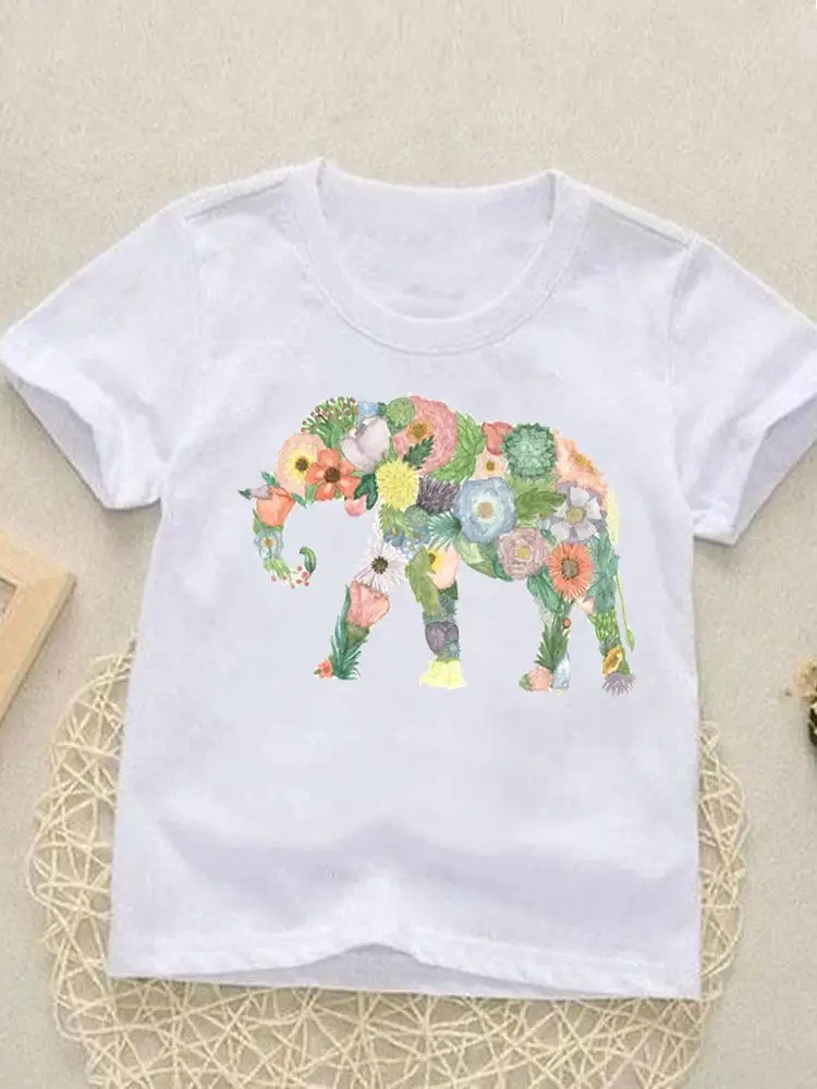 

Elephant Floral Animal Short Sleeve Printed Kids Tees Tops O-neck Girls Boys Children Clothes Summer Cartoon Outfits T-shirts