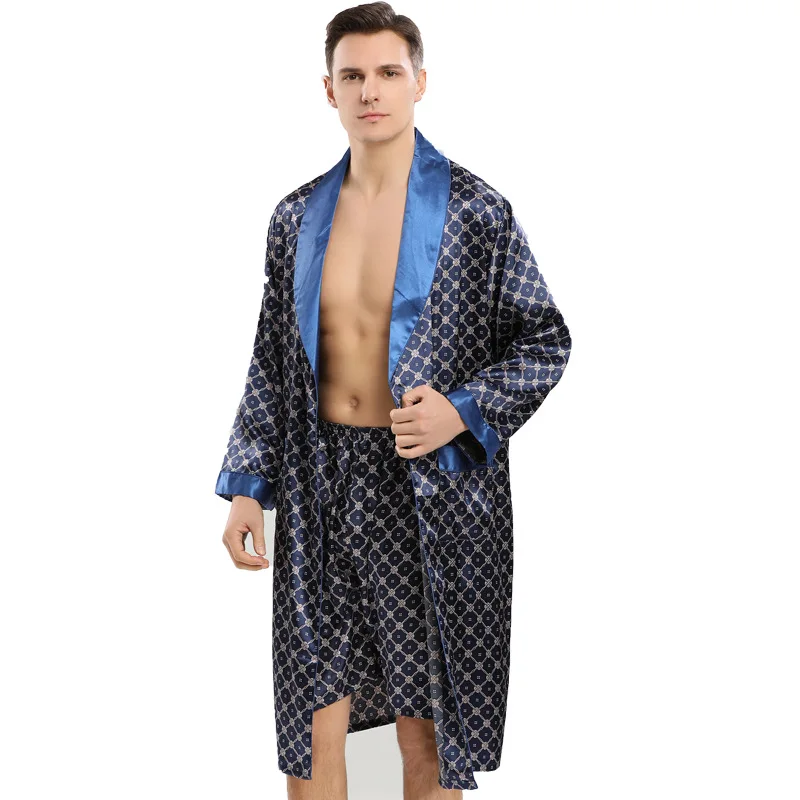 

7XL Two-Piece Home Silk Robe Pants Pajama Set or Bathrobe Shorts Sets Long Sleeve Sleepwear house robe for men Kimono Soft Cozy