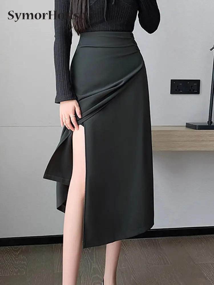 

Юбка-трапеция Женская ассиметричная с высокой талией, повседневная Простая Офисная рубашка с разрезом и складками, весна-лето-осень